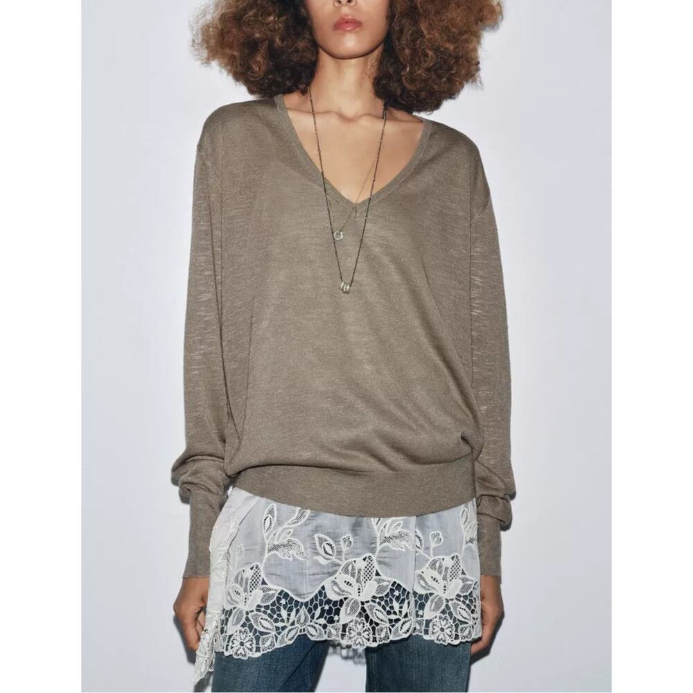 Zara Combined Knit Sweater L Beige slouchy V-neck lace hem Romantic Cottagecore